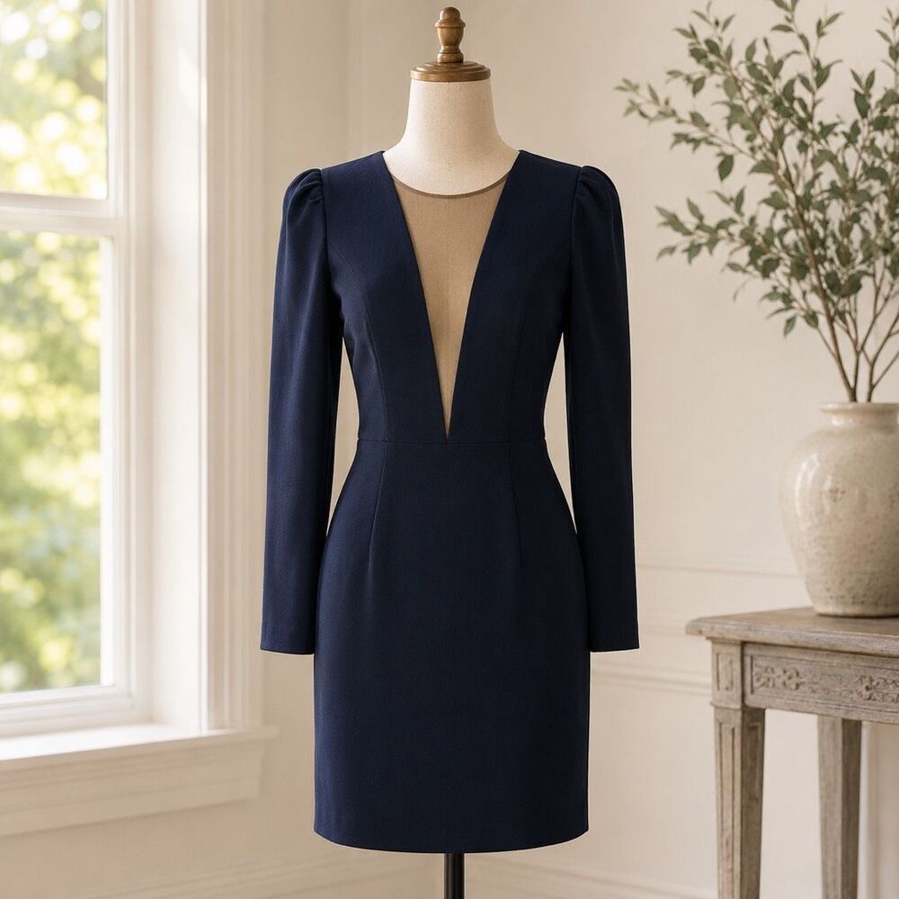 Dress The Population Deep V Mesh Cocktail Dress Navy Sheath Long Sleeve L